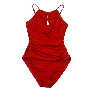 Ellen Tracy Red High Neck Ruched One Piece Swimsuit Keyhole Size 12